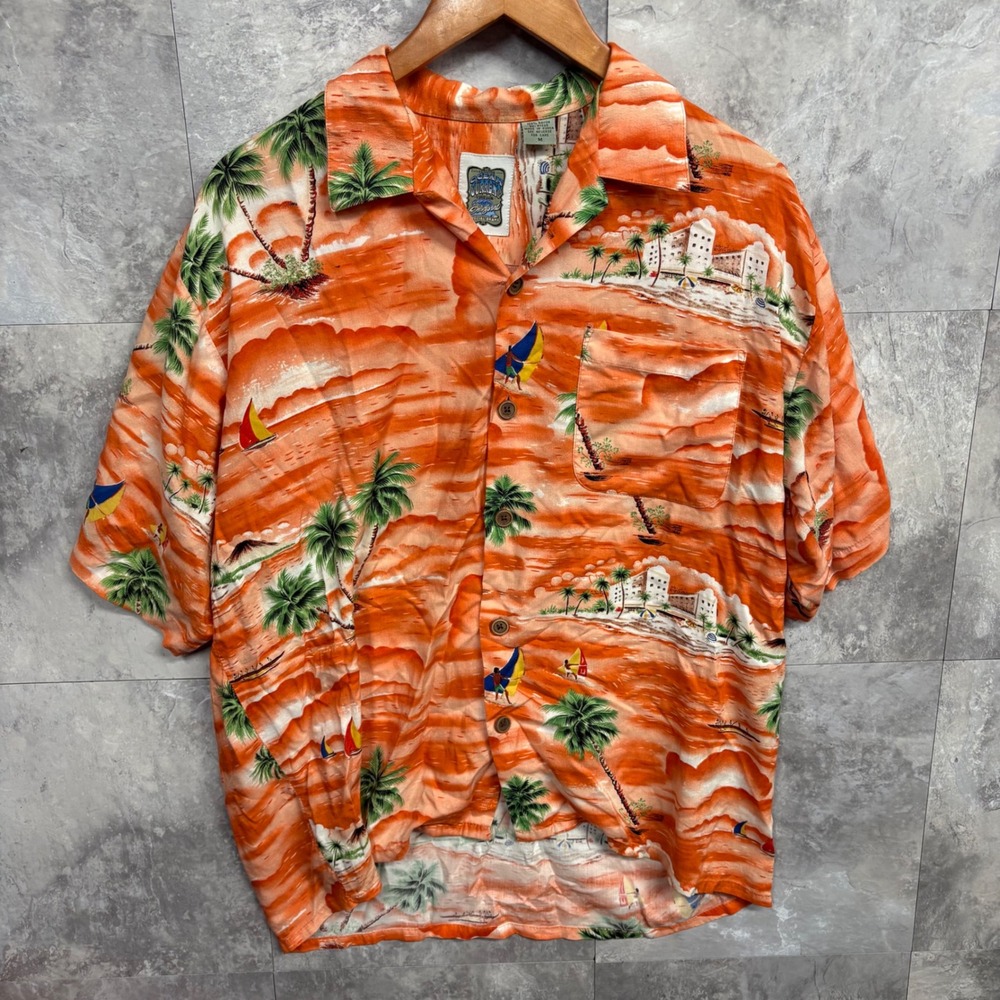 Ocean Current Mens Hawaiian Shirt Medium Orange Tropical Beach Rayon Button Down